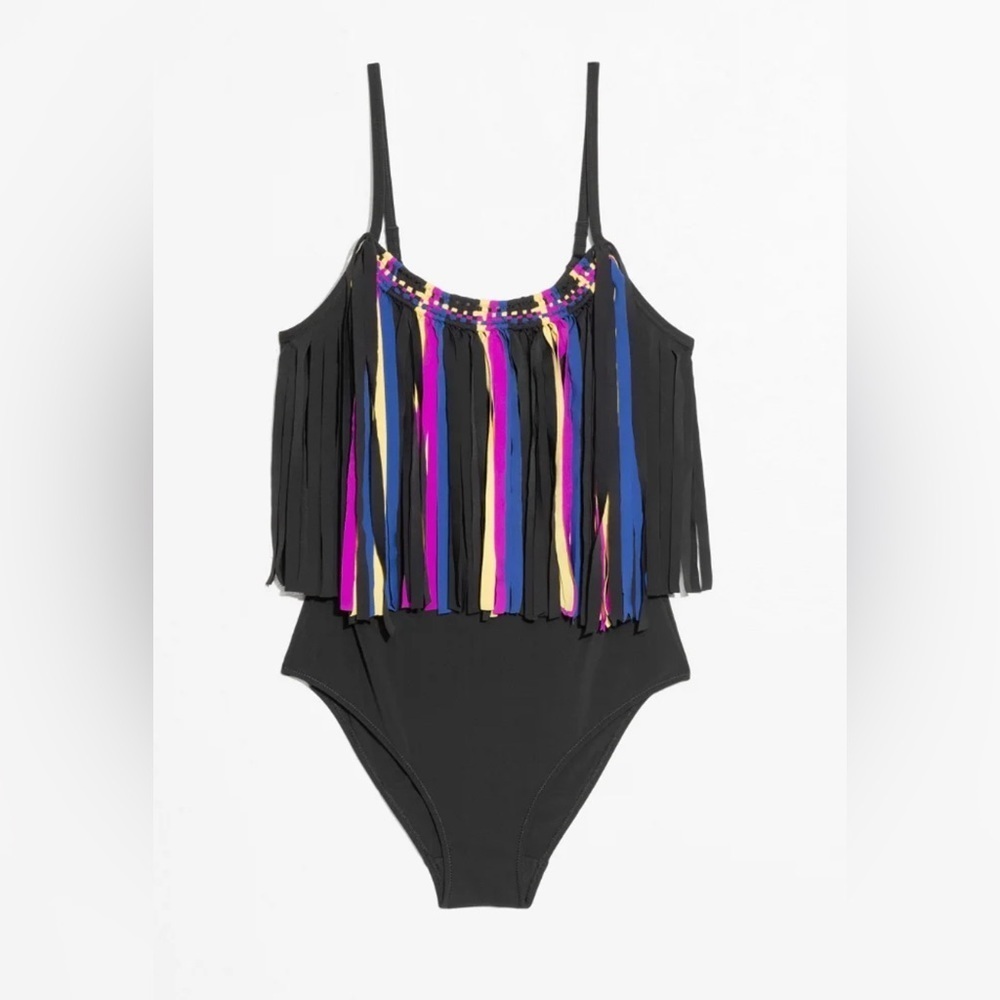 & Other Stores women’s size 8 black one piece swimsuit with rainbow fringe